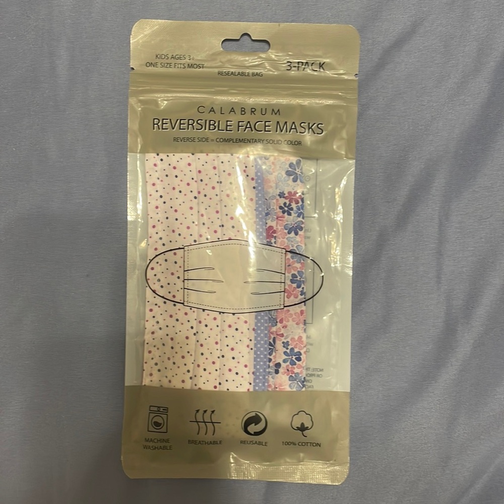 Reversible face masks, pack of 3, kids ages 3+